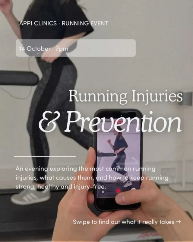 Are you a runner? This one’s for you. 🏃

On 14 October at 7pm, we’re hosting a free evening event at both our Wimbledon and Hampstead clinics, all about running injuries, how to prevent them and how to keep running strong for longer.

Come along to:
✔ Learn about the most common running injuries and what contributes to them
✔ Pick up practical prevention strategies
✔ Meet our running specialist physiotherapists and rehab team
✔ Find out more about our Run Performance Clinic

📍 Wimbledon: Free for @commonrunners @sundayservicesocial @wimbledonwindmillers members
📍 Hampstead: £10, open to all — @highgateharriers @hampsteadtoeclub welcome!

Spots are limited so grab yours via the link in bio. 👆

#RunningInjury #InjuryPrevention #RunningPhysio #APPIClinics #Physiotherapy