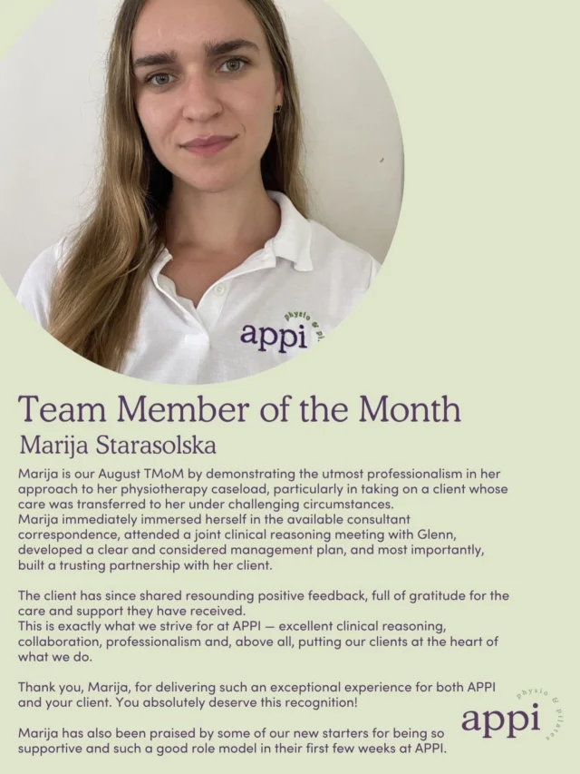 Congratulations to Marija, our Team Member of the Month! 💜

Marija took on a client whose care was transferred to her under challenging circumstances, and handled it with excellent clinical reasoning, collaboration and professionalism. The result? A trusting partnership and glowing feedback from her client.

She‘s also been praised by our newest team members for being such a supportive role model in their first few weeks at APPI.

Thank you, Marija. You absolutely deserve this! 👏

#TeamMemberOfTheMonth #APPIClinics #PilatesUK #Physio #Rehab